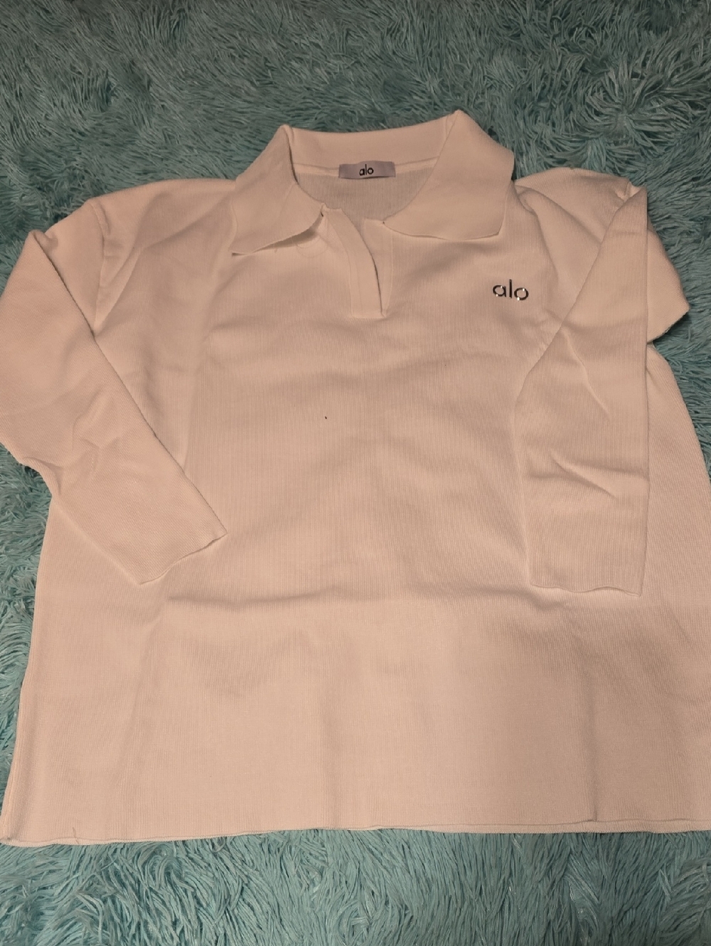 ALO Yoga White Ribbed Long Sleeve Polo Top And Wideleg Pant Set